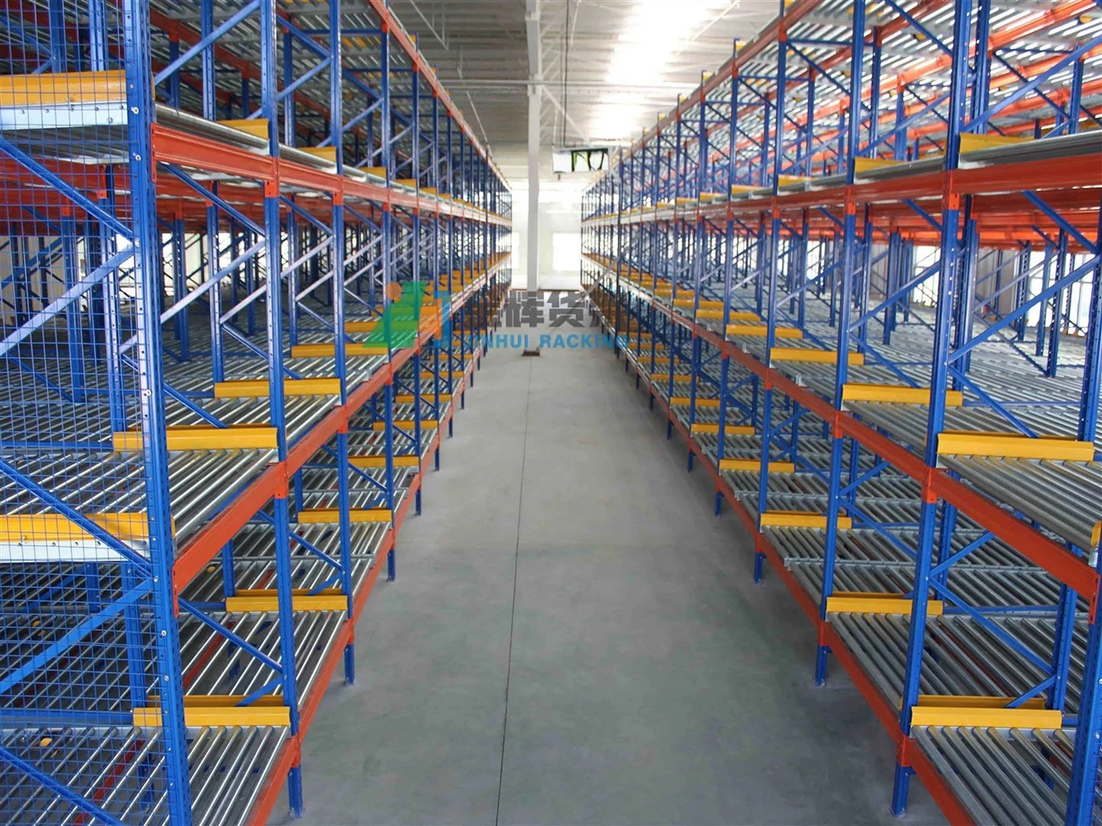 Chemical warehouse gravity flow racking system for FIFO storage