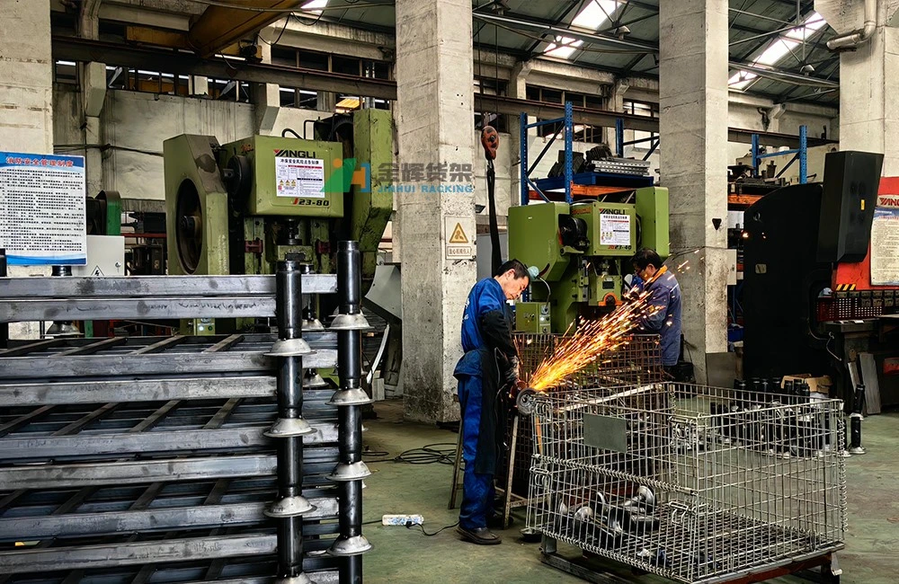 Robotic welding workstation processing rack components in PrimeBay factory